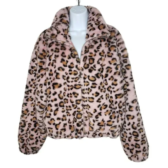 Know One Cares Women's Plush Leopard Print Full Zip Jacket, Pockets Sz M (1202) - Picture 1 of 6